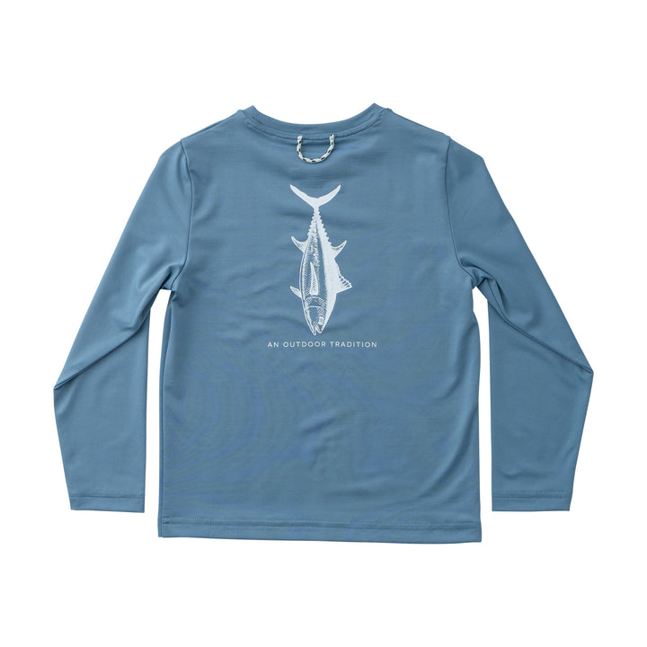 Blue long-sleeve shirt with a fish graphic on a white background