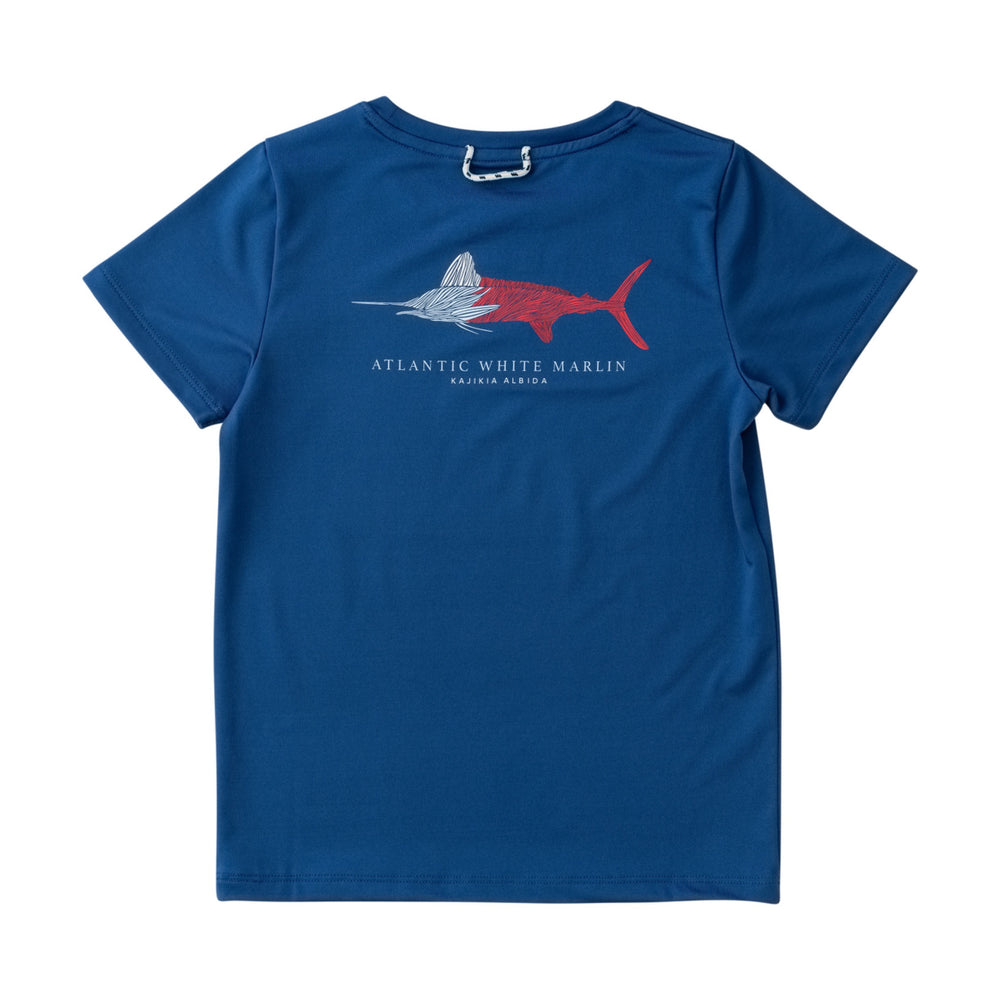 SHORT SLEEVE NAVY PERFORMANCE T-SHIRT WITH MARLIN PAINTING ON BACK 