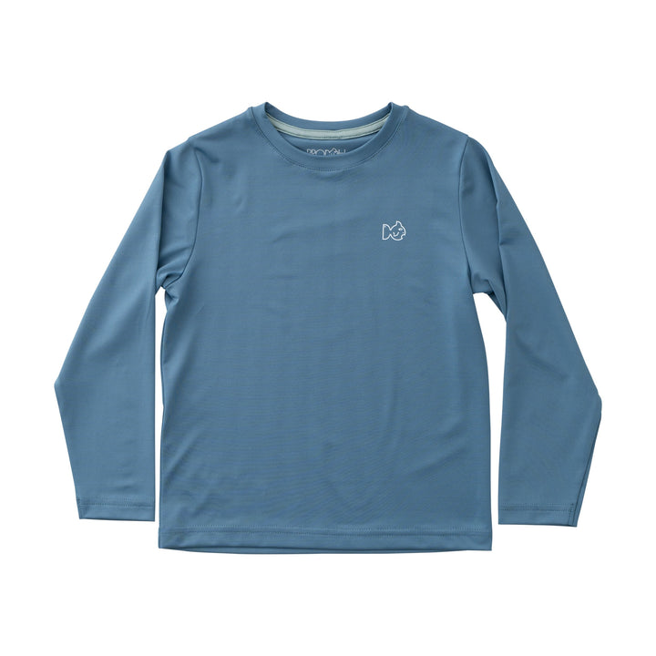 Blue long-sleeve shirt with a small logo on a white background