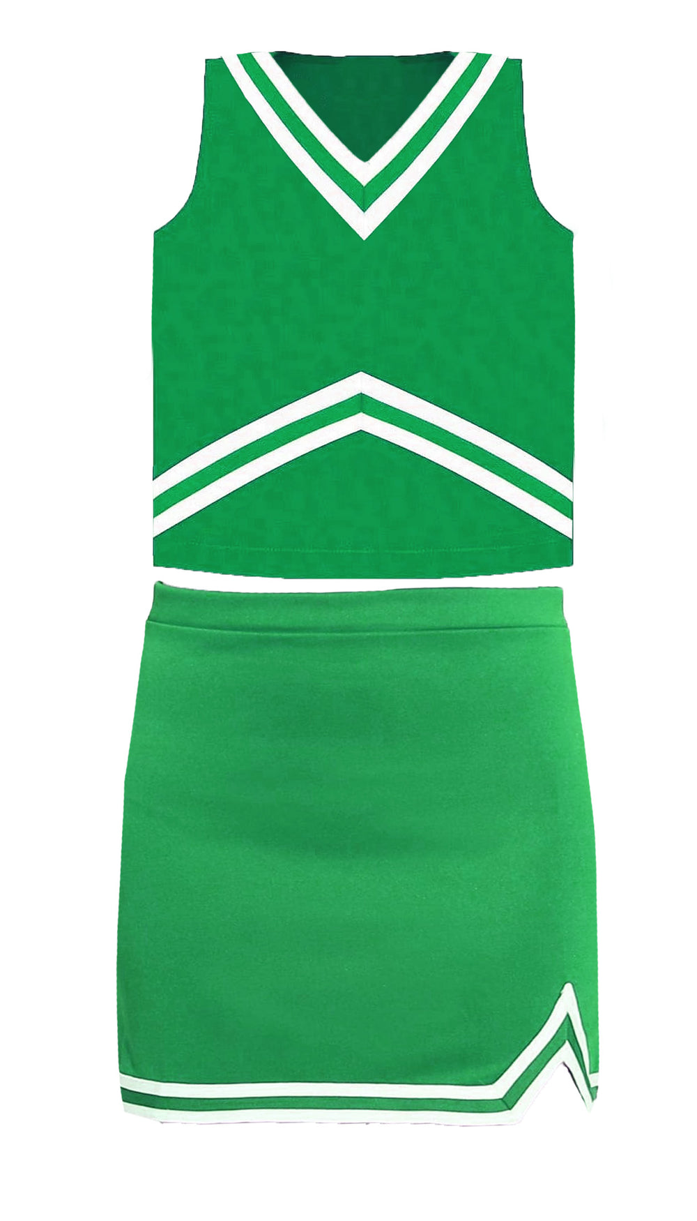 Green cheerleader dress with white accents on a white background