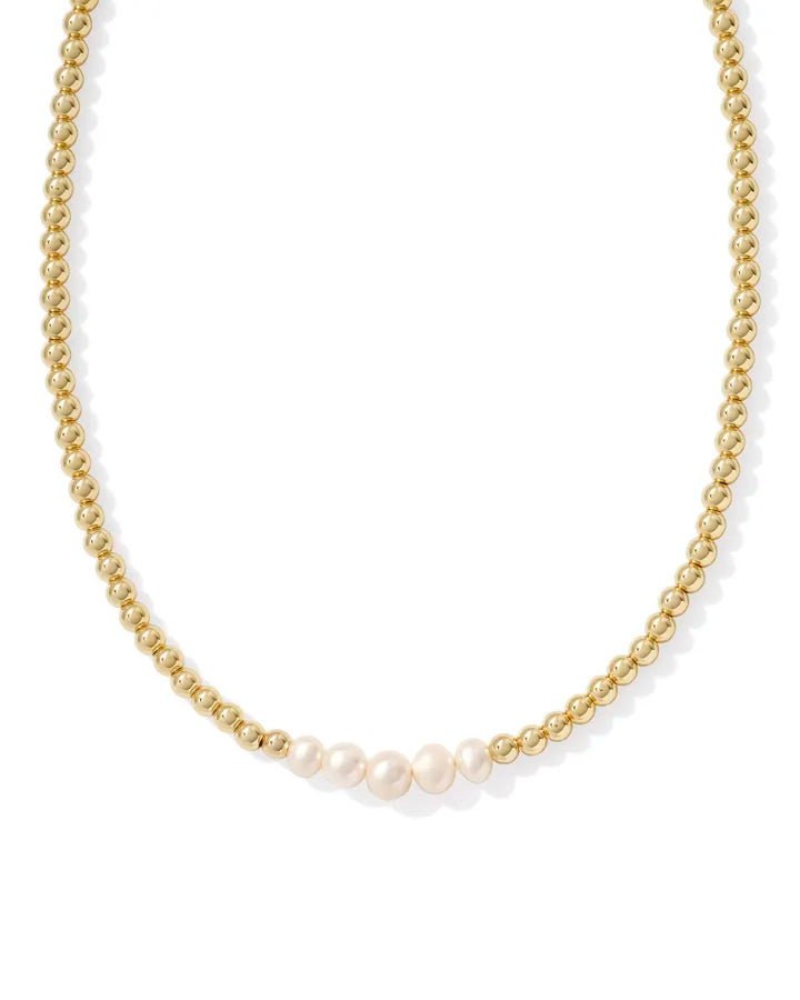 EVE BEADED STRAND NECKLACE, GOLD WHITE PEARL