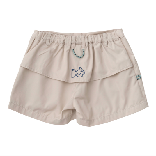 Beige shorts with embroidered designs on a white background