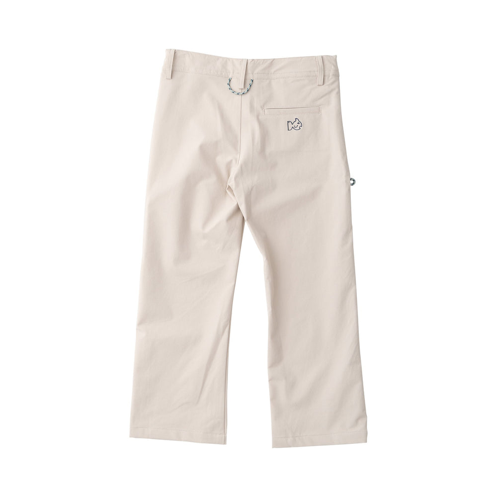 Beige pants with a small logo on a white background