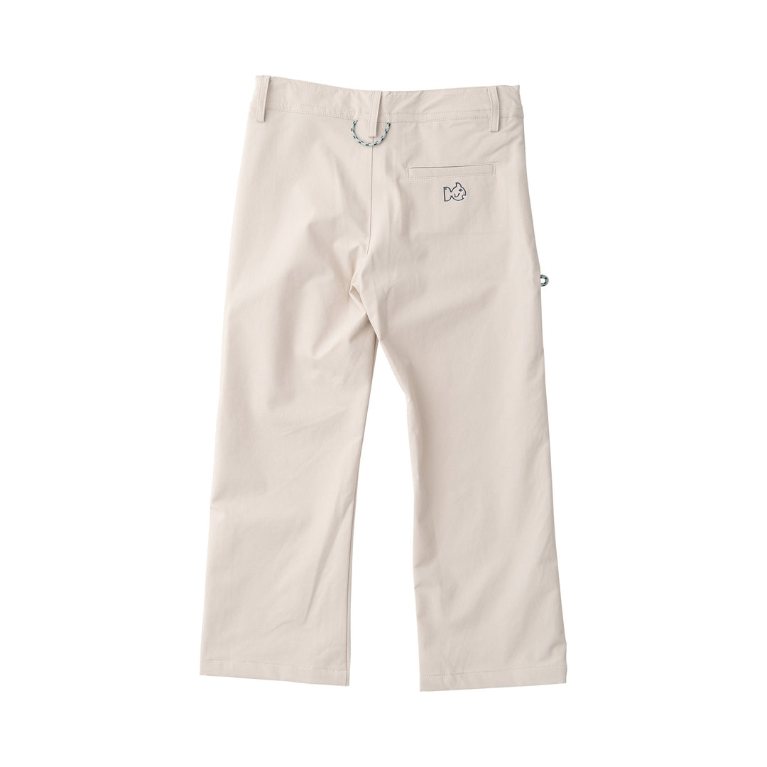 Beige pants with a small logo on a white background