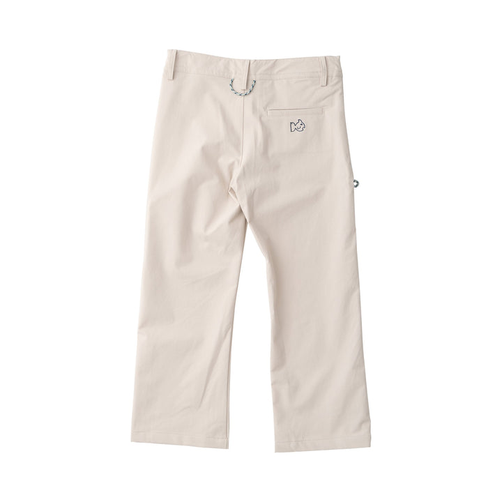 Beige pants with a small logo on a white background