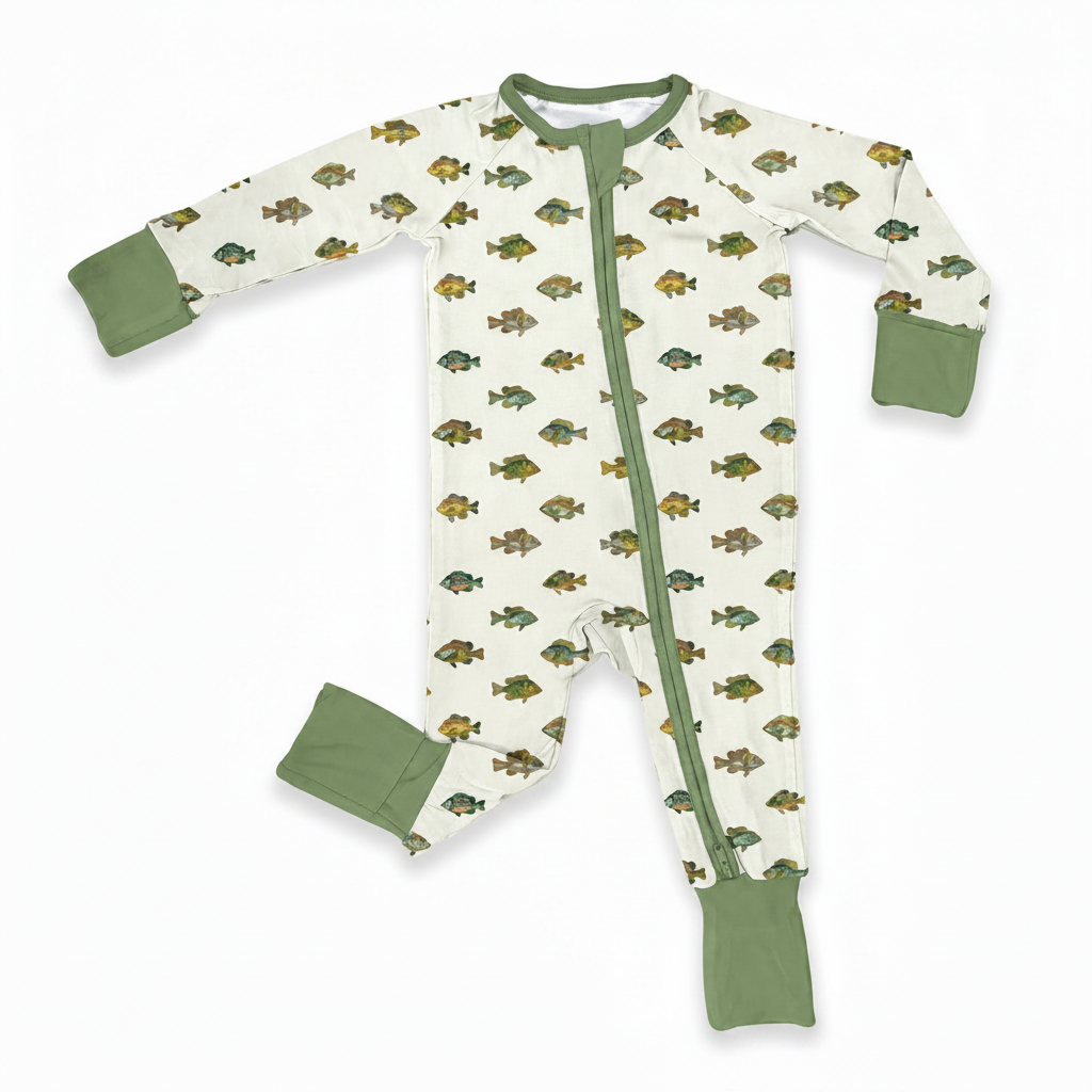 fish print on convertible romper on white background