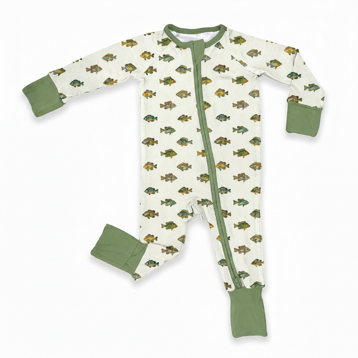 fish print on convertible romper on white background