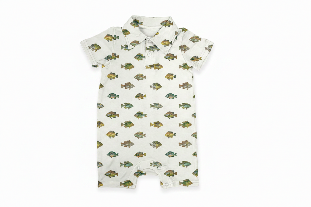 Baby romper with fish pattern on a white background