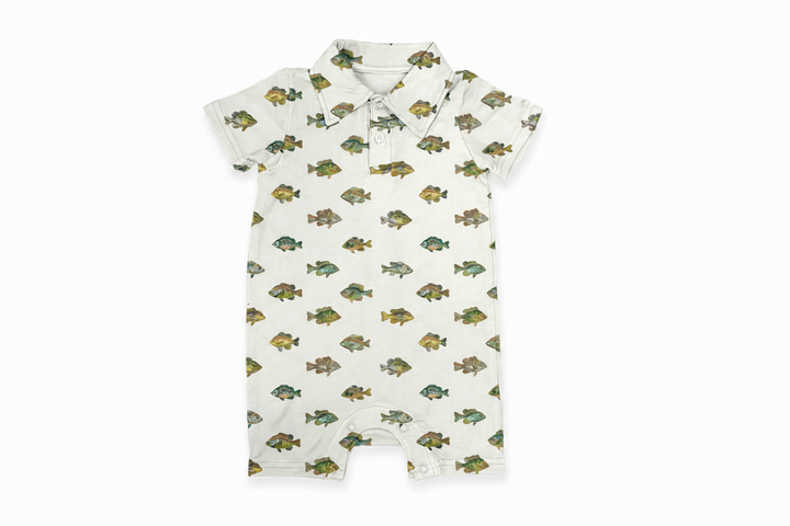 Baby romper with fish pattern on a white background