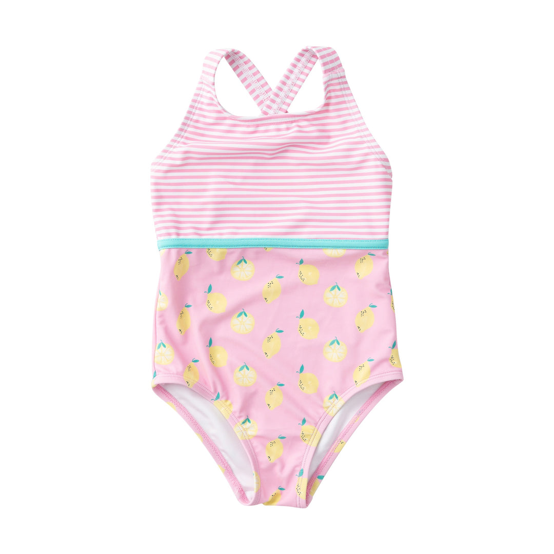 Pink striped and pineapple-patterned swimsuit on a white background