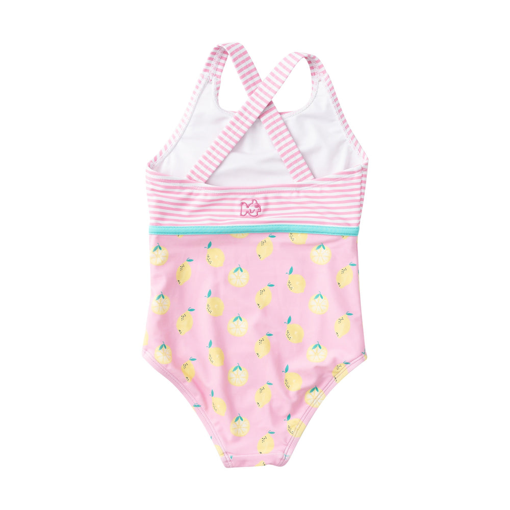 Pink swimsuit with lemon pattern and striped back on a white background
