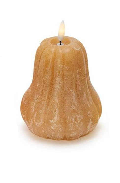 Pear-shaped candle with a lit wick on a white background