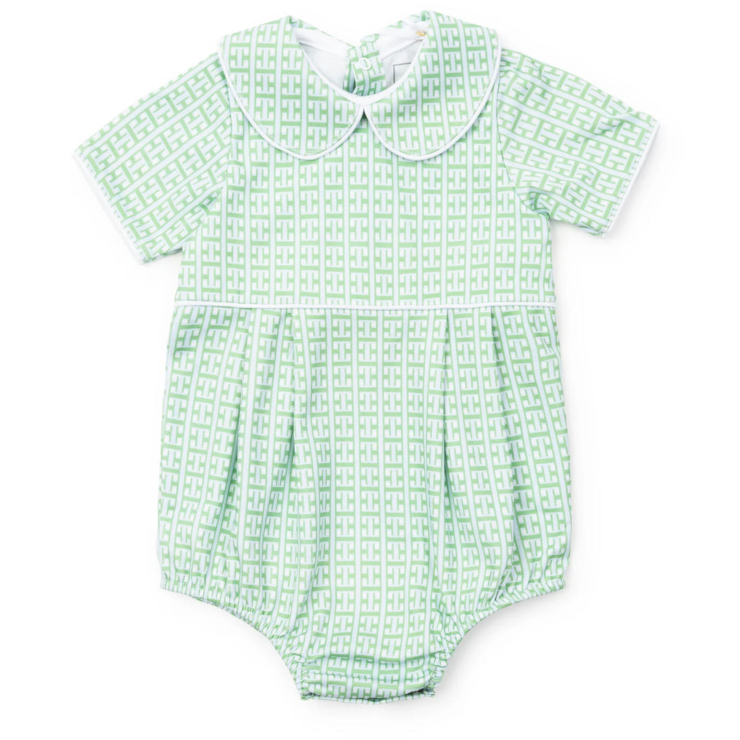 Baby boy green trellis print bubble romper with Peter Pan collar and short sleeves | Walker Boutique