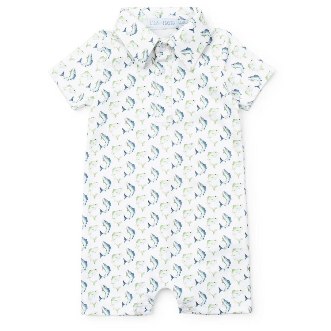 Boys white shortall with blue and green trout fish print, short sleeves and collar | Walker Boutique