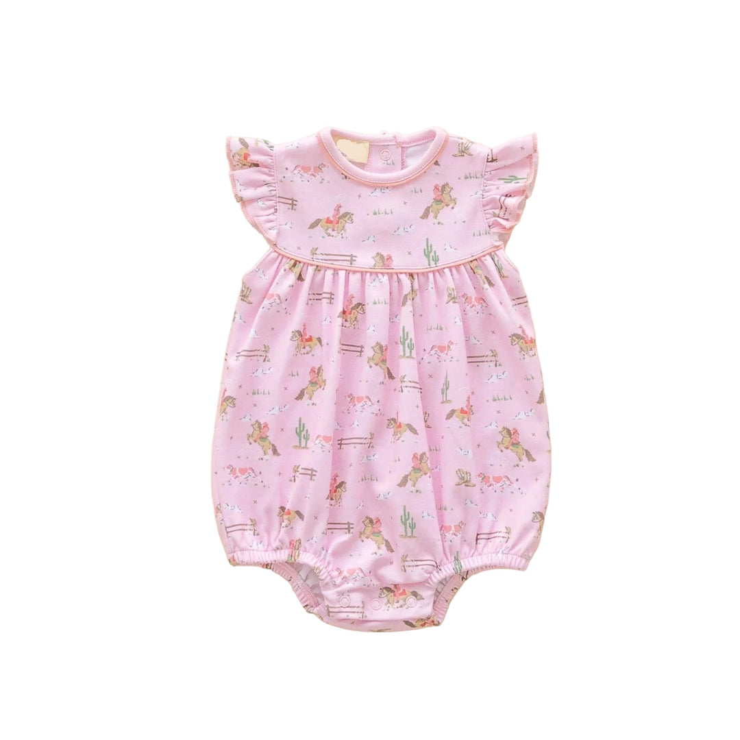 Pink baby bubble romper with cowboy and horse western print, flutter sleeves, and gathered bodice | Walker Boutique