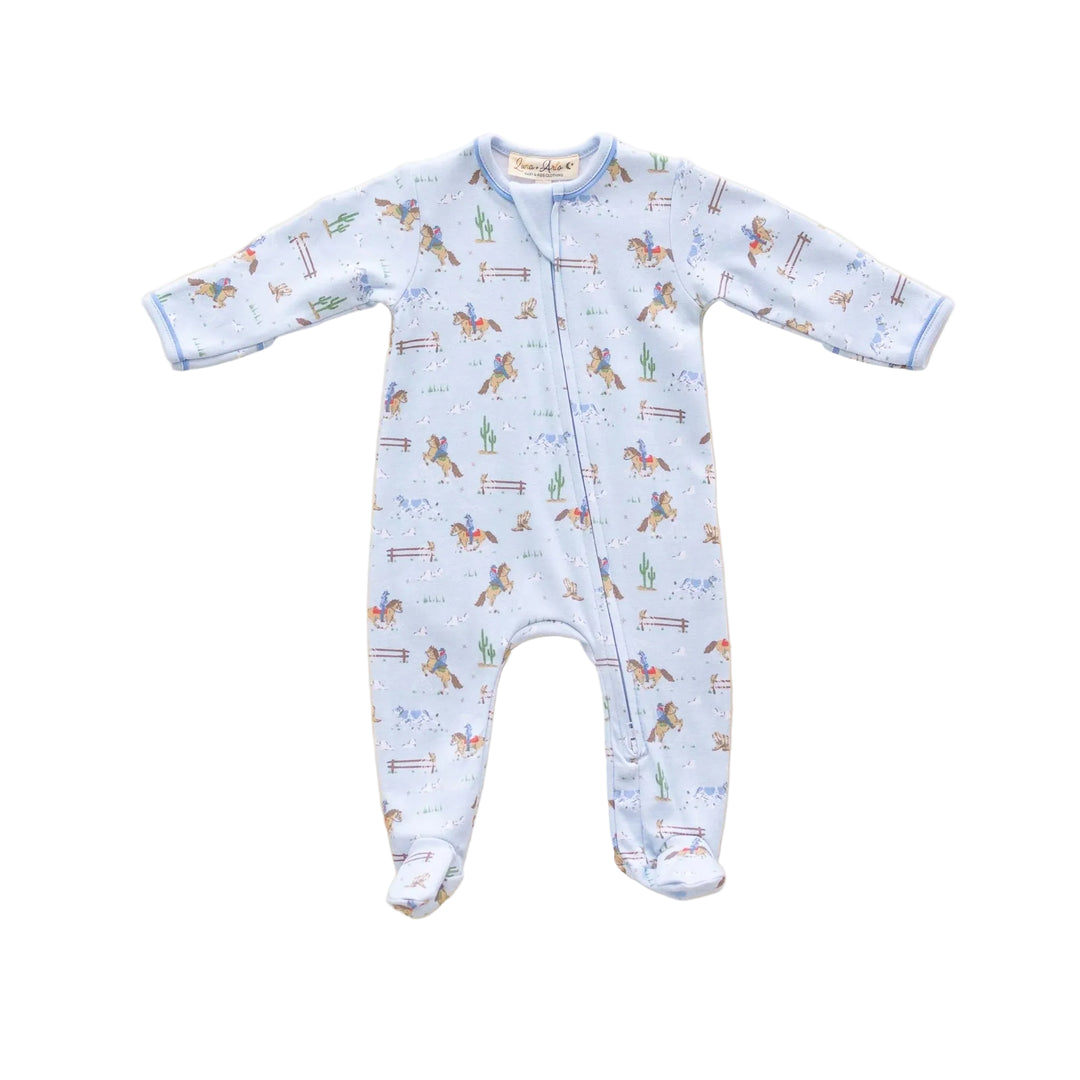 Light blue baby zip footie with cowboy and horse western print, long sleeves, and footed design | Walker Boutique