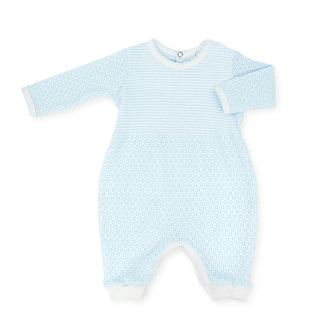 Light blue baby onesie with white accents on a white background
