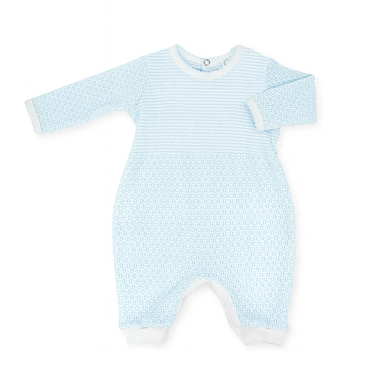 Light blue baby onesie with white accents on a white background