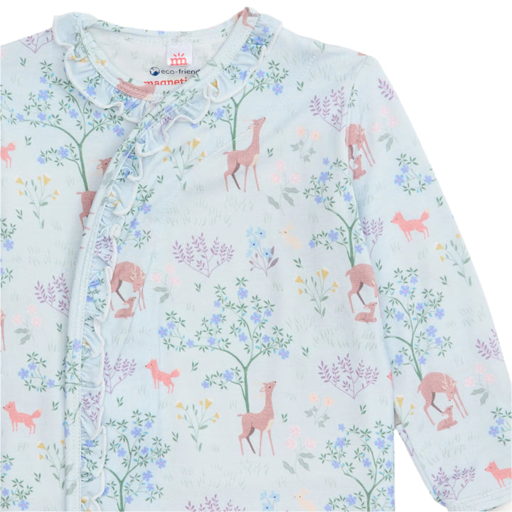 Baby gown with deer and floral pattern on a light blue background
