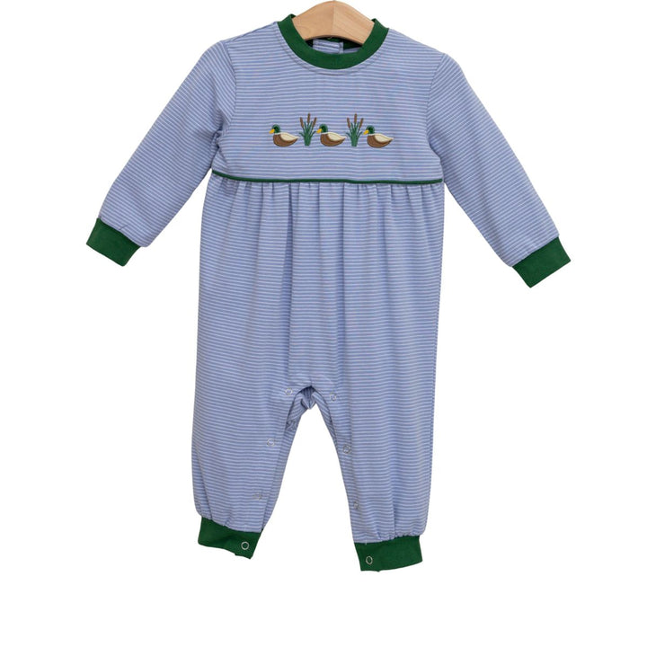 MALLARD EMBROIDERED TRIO BLUE STRIPE ROMPER WITH GREEN TRIM ON COLLAR AND SLEEVES