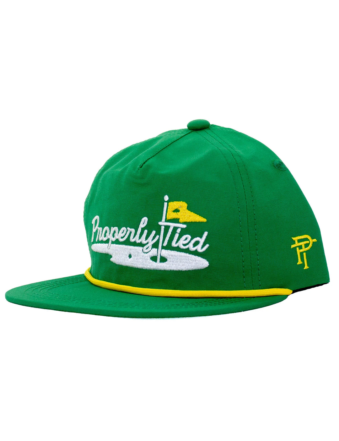 Green Properly Tied youth golf hat with embroidered putting green flag design and PT logo, southern style boys golf cap