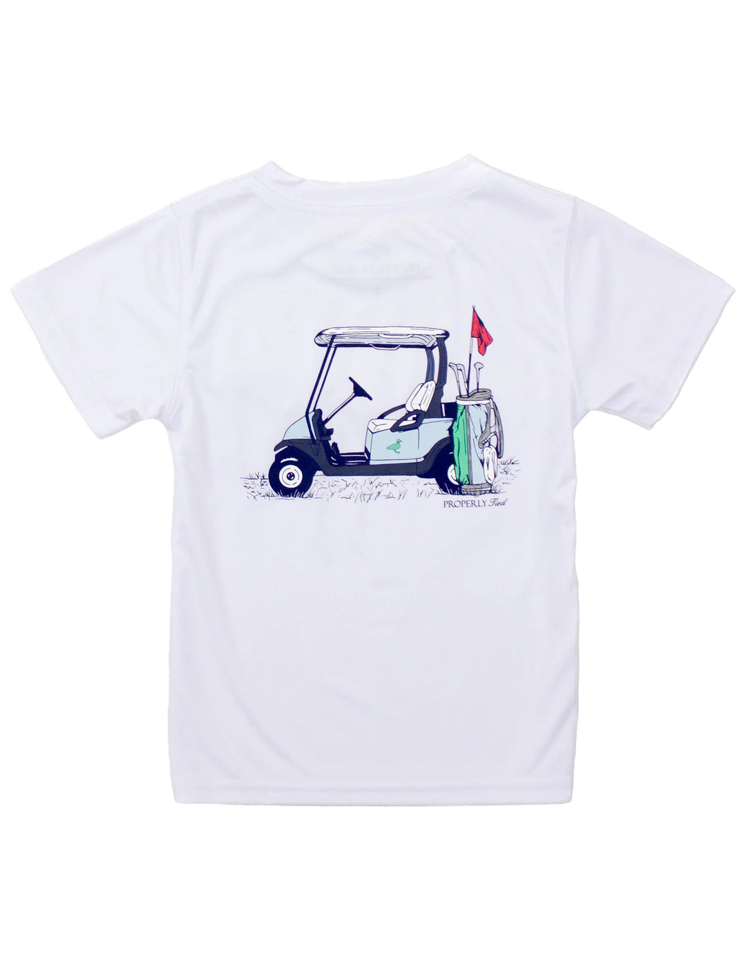 White kids t-shirt with golf cart and golf bag graphic on the back and Properly Tied text, southern golf themed boys shirt