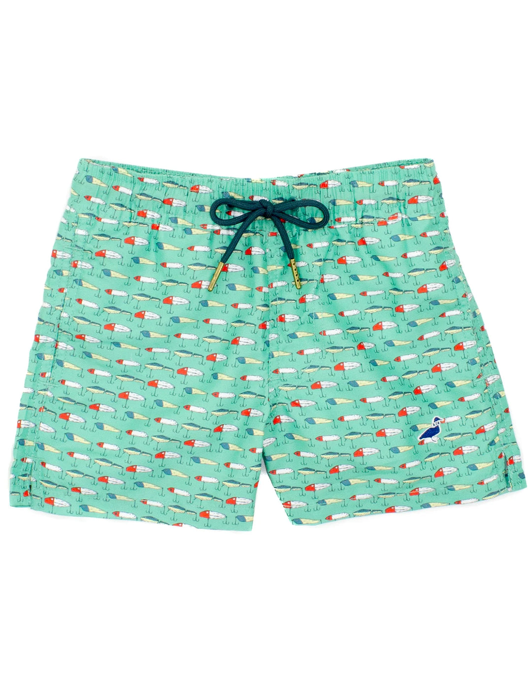 GREEN BOY SWIM TRUNKS WITH FISHING LURES ALL OVER ON WHITE BACKGROUND