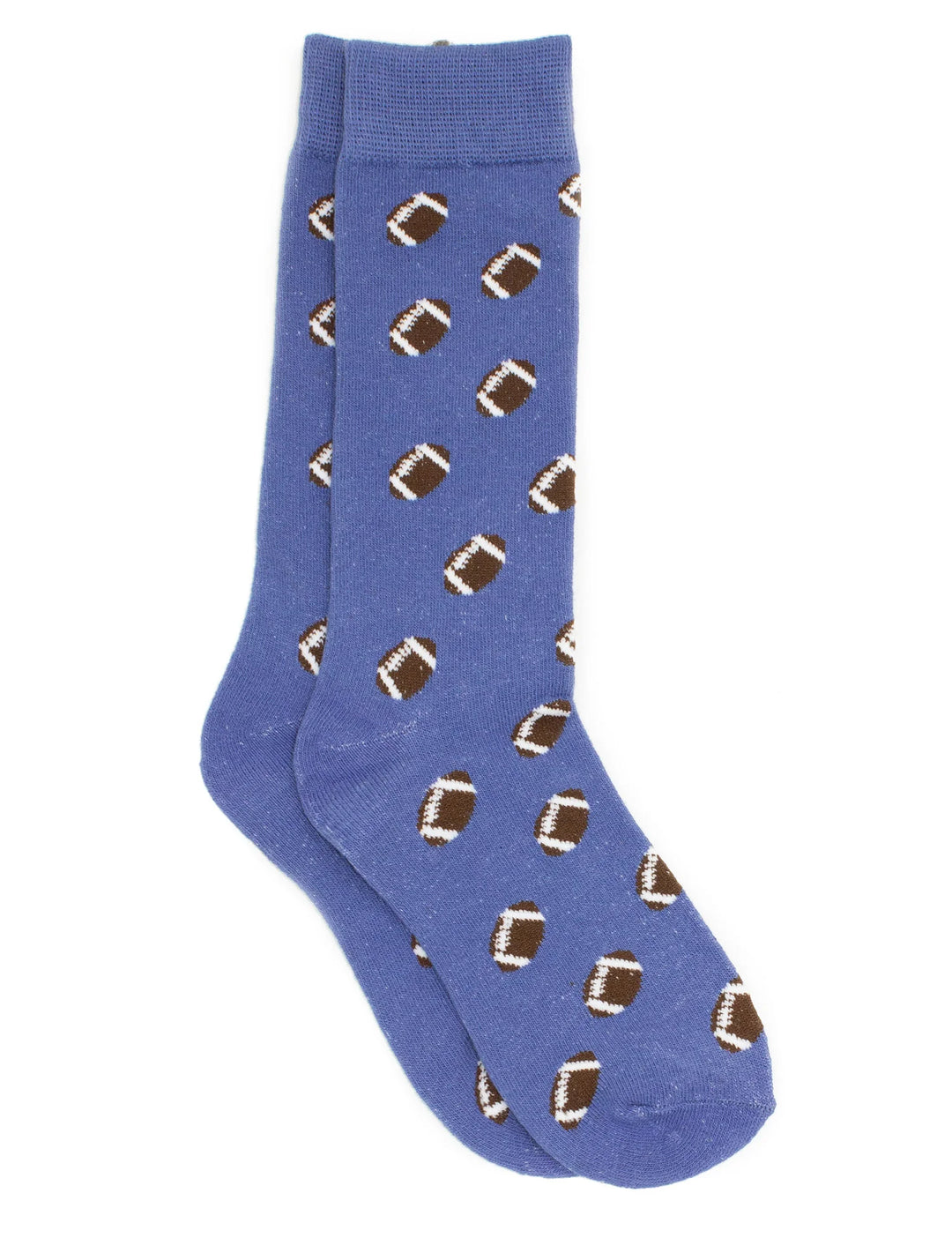 Blue boys knee-high socks with brown football pattern, classic kids football themed socks