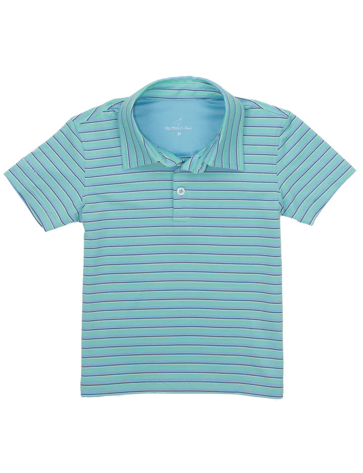 BOYS BLUE AND GREEN STRIPED SHORT SLEEVE POLO ON WHITE BACKGROUND