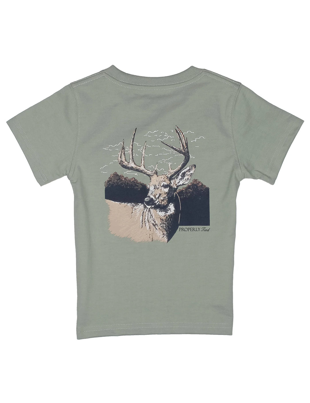 Green t-shirt with a deer graphic on the back against a white background