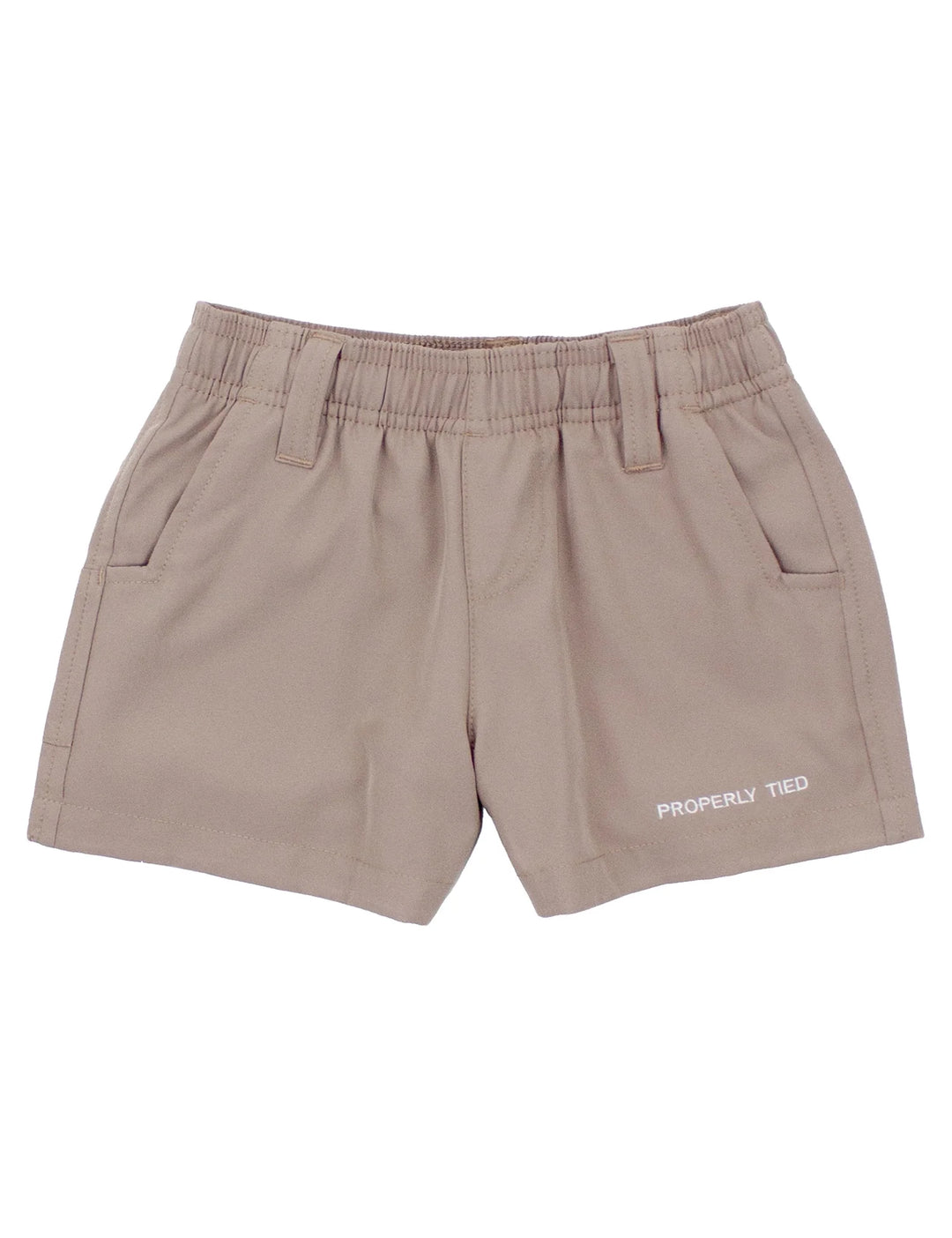 Taupe Properly Tied boys shorts with elastic waistband, belt loops, and front pockets, classic southern style kids shorts