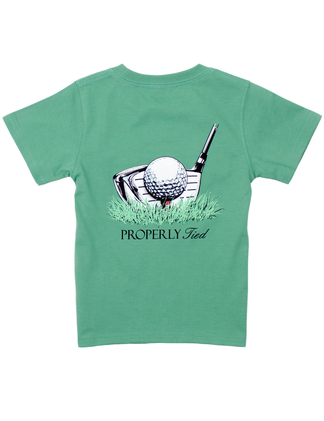 Green kids t-shirt with golf ball, club, and grass graphic and “Properly Tied” text on the back