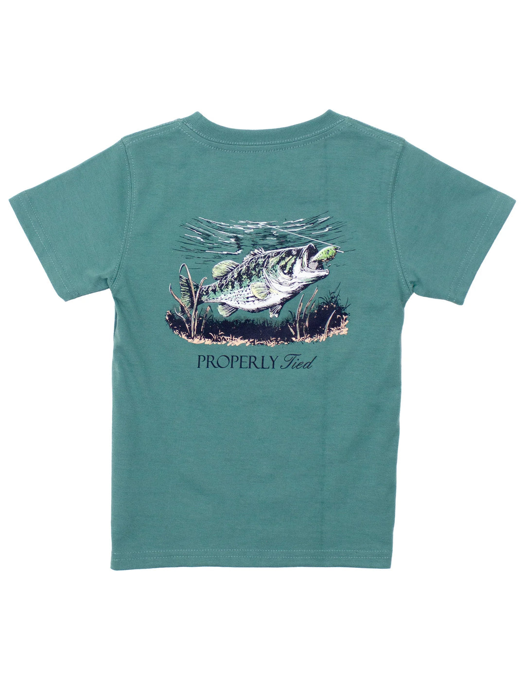 Teal kids t-shirt with largemouth bass fishing graphic and “Properly Tied” text on the back