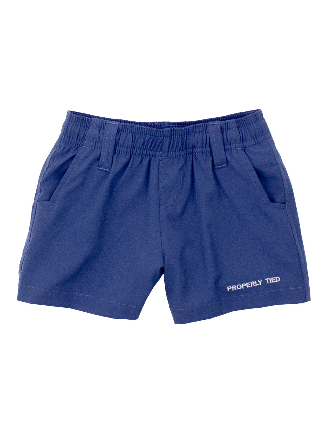 Navy Properly Tied boys shorts with elastic waistband, belt loops, and front pockets, classic southern style kids shorts