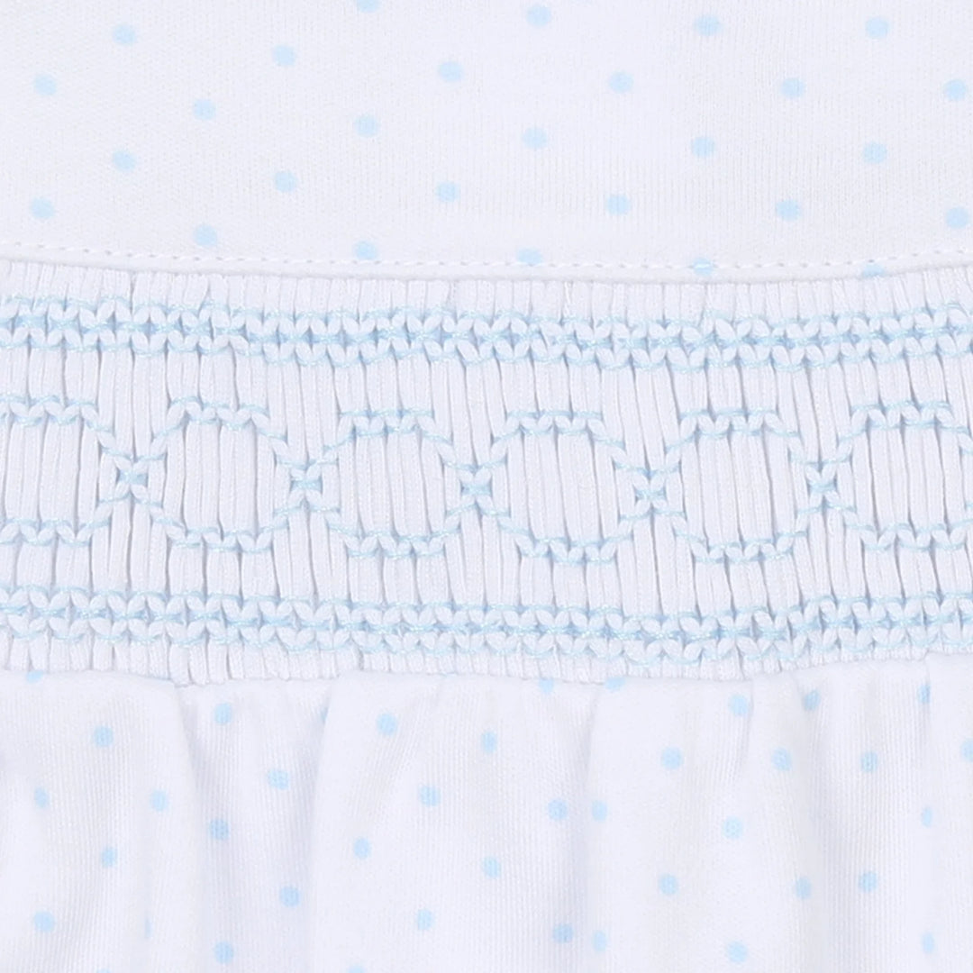 WHITE & BLUE MINI DOTS SMOCKED FOOTIE