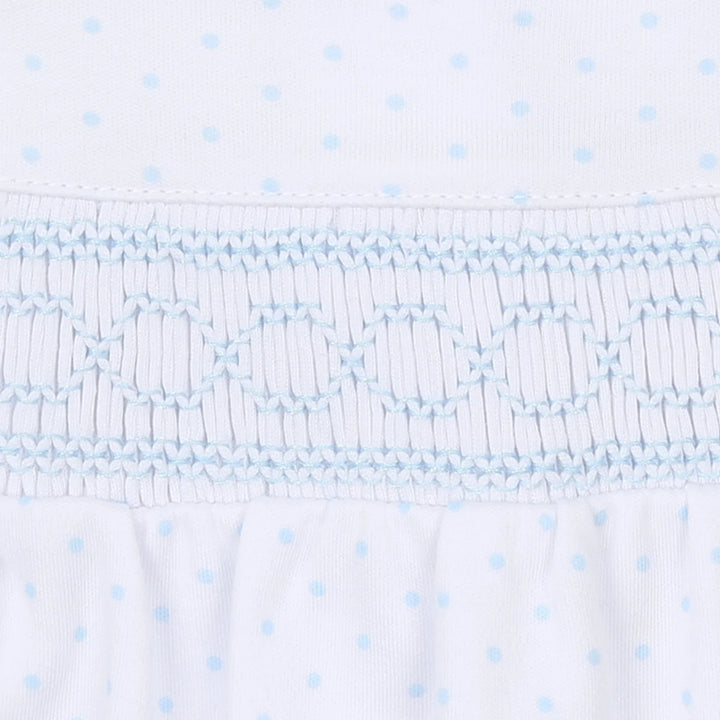 WHITE & BLUE MINI DOTS SMOCKED FOOTIE