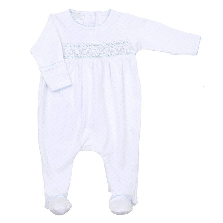 WHITE & BLUE MINI DOTS SMOCKED FOOTIE