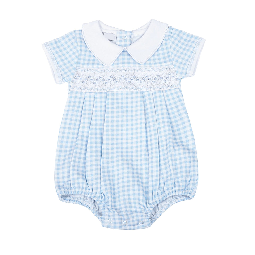 Blue and white checkered baby romper with a white collar on a white background