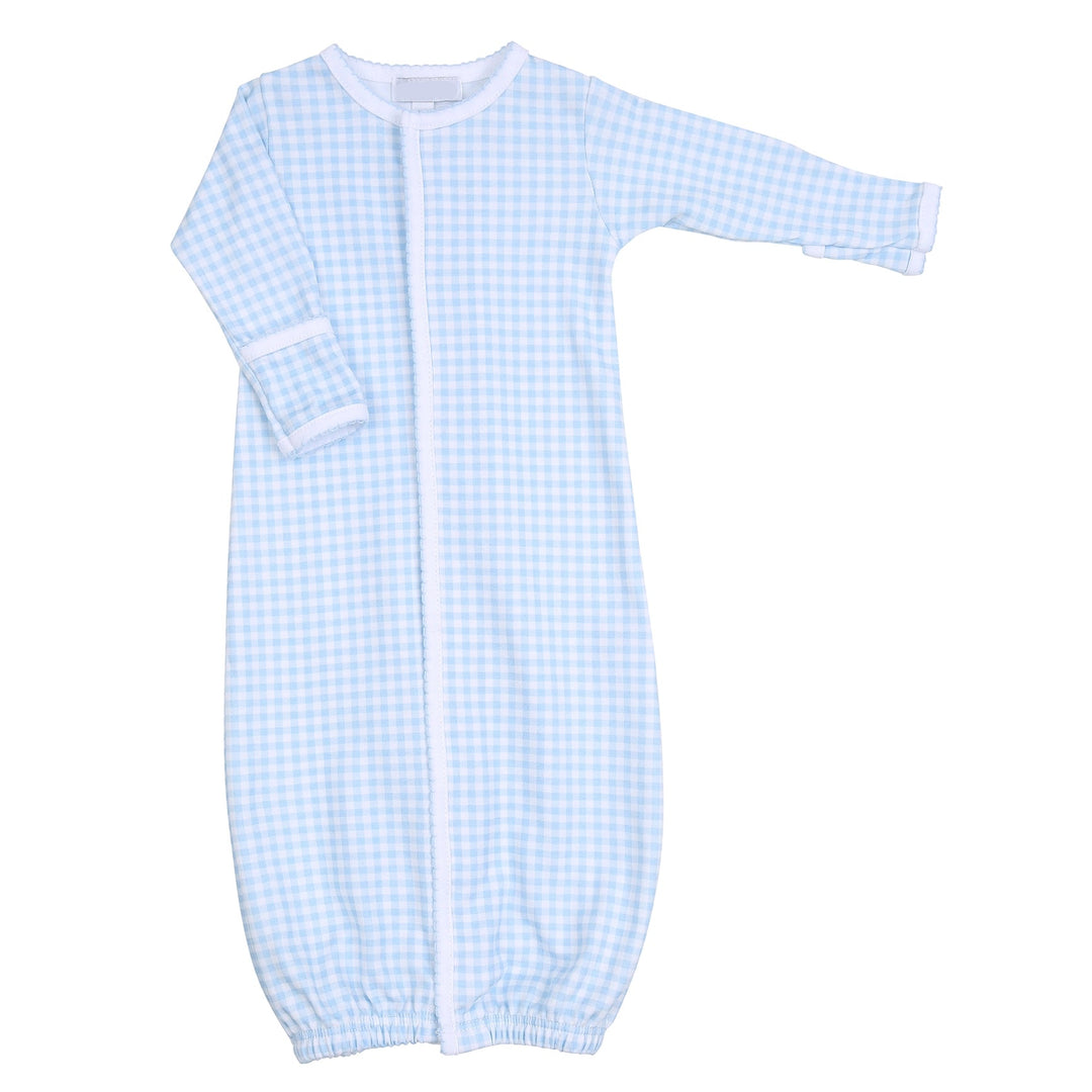 Blue checkered baby gown on a white background