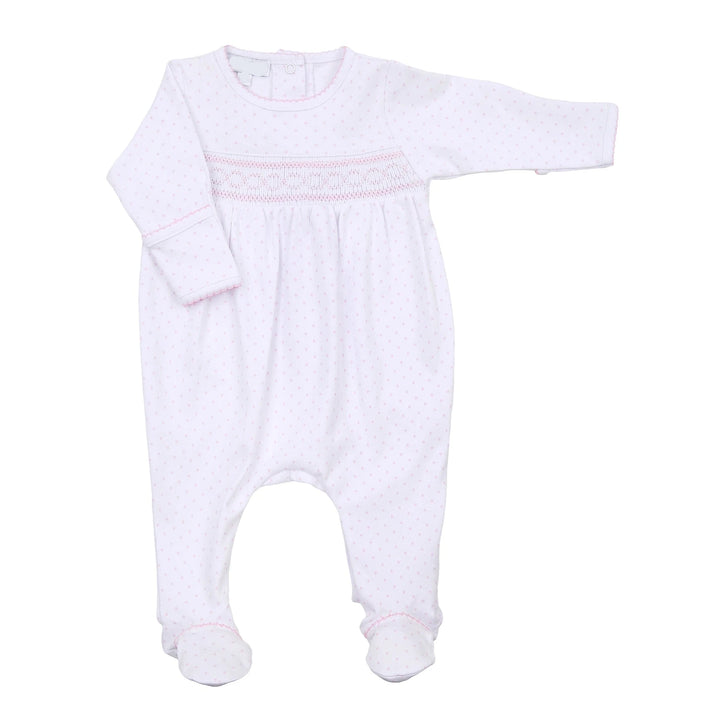 WHITE & PINK MINI DOTS SMOCKED FOOTIE