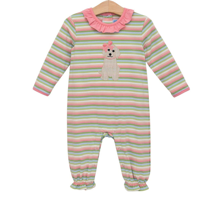 MULTI STRIPE PUPPY APPLIQUE RUFFLE ROMPER