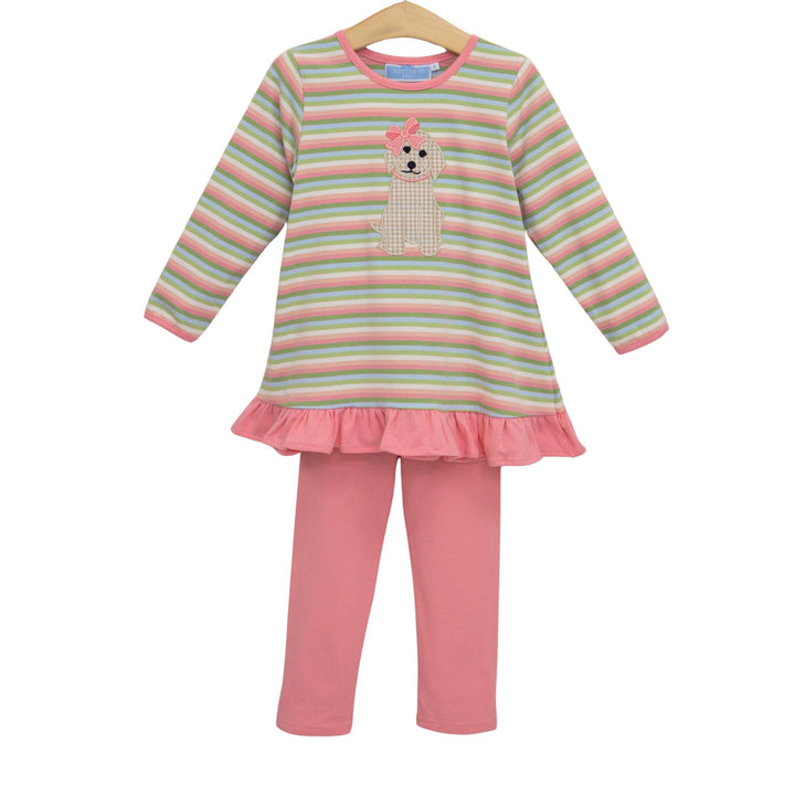 MULTI STRIPE PUPPY APPLIQUE RUFFLE LEGGING SET WITH PINK MATCHING LEGGINGS AND LONG SLEEVE TOP