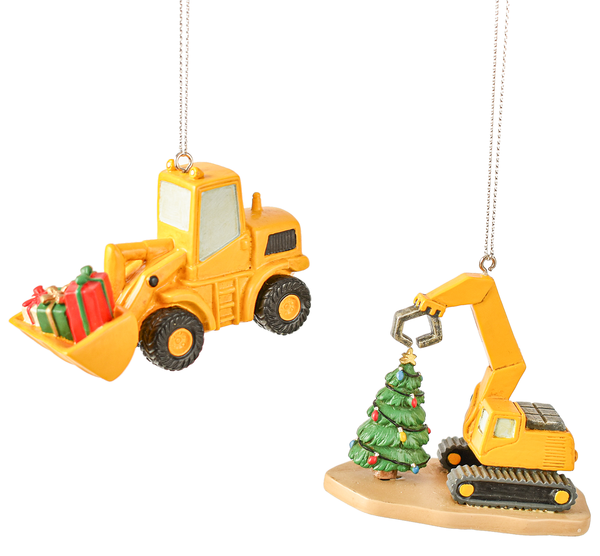 Two Christmas ornaments featuring a bulldozer with gifts and an excavator with a Christmas tree on a white background.