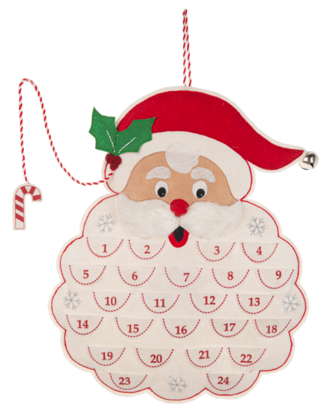 Embroidered santa advent calendar with candy cane attachment