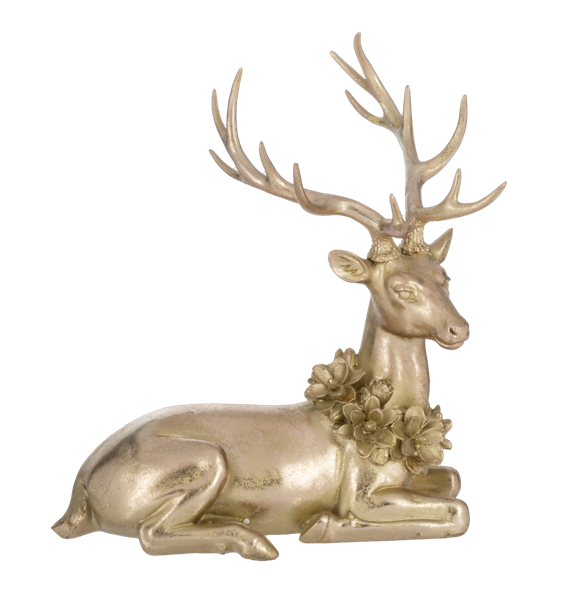Gold deer figurine with floral wreath on a white background