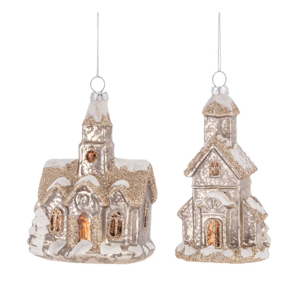 Two glittery church-shaped Christmas ornaments on a white background