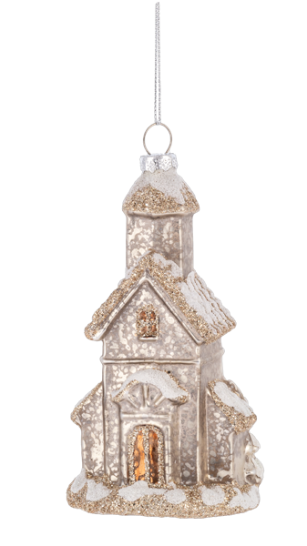 Decorative glass church ornament with gold and silver accents on a white background