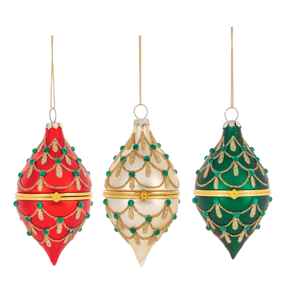 Three decorative Christmas ornaments in red, gold, and green on a white background