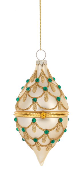 Decorative Christmas ornament with gold and green details on a white background
