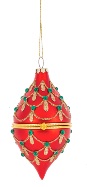 Decorative red Christmas ornament with gold and green details on a white background